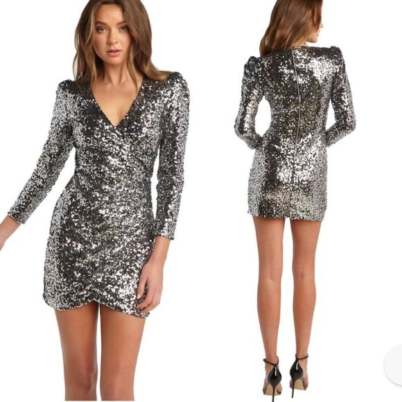 Bardot Womens Sequin Sparkle Dress Sz S Wrap Bodycon Mini Silver Sexy Cocktail - Picture 2 of 12